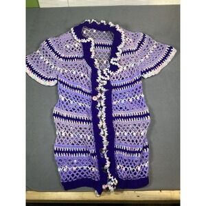 Hand Knit Art To Wear Purple Cardigan Short Flutter Sleeve Granny Core OSFM